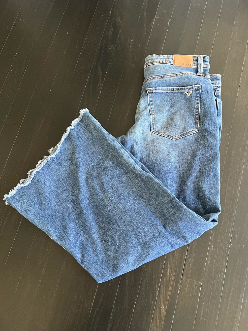 Roxy Women's Medium Blue Frayed-Hem Wide Leg Jeans